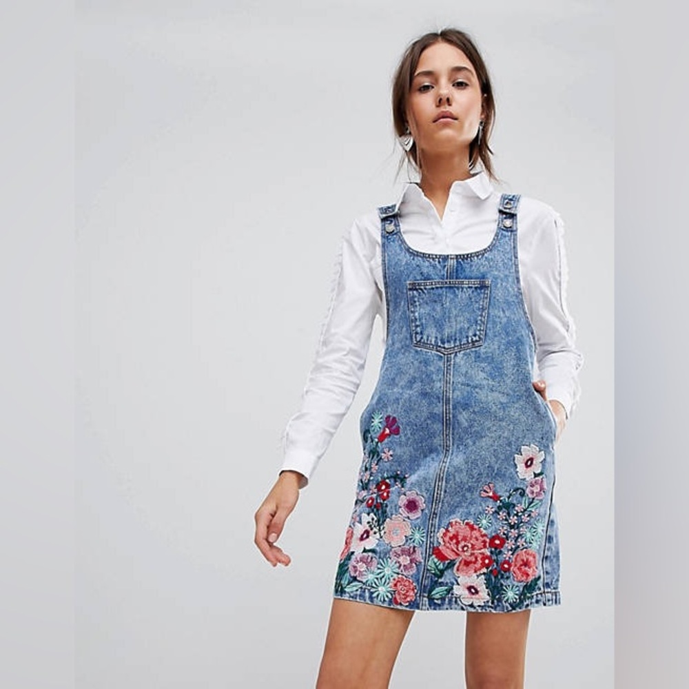 Glamorous Mini Pinafore Dress With Floral Embroidery In Denim